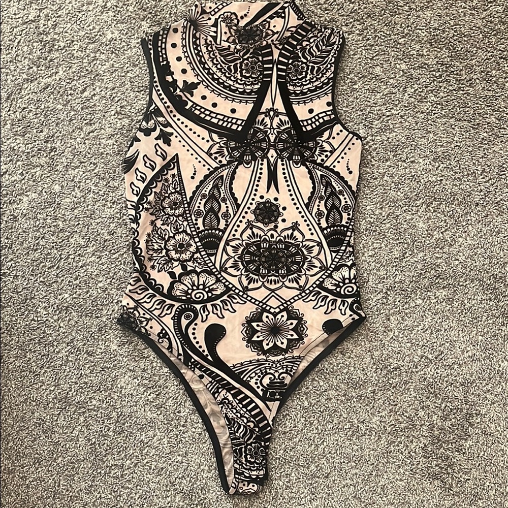 Black and Beige Patterned Bodysuit